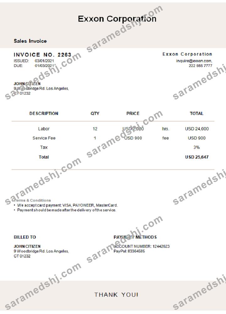 USA Exxon Corporation invoice